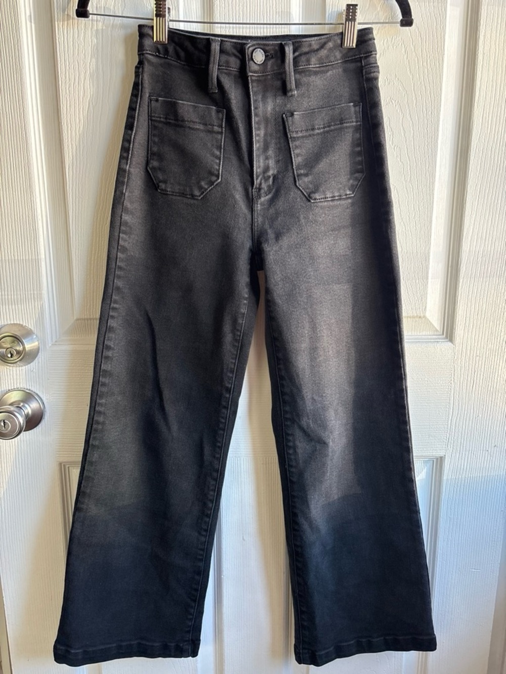 Denim High Rise Wide Leg Utility Pocket Cropped Jeans Washed Black 24
